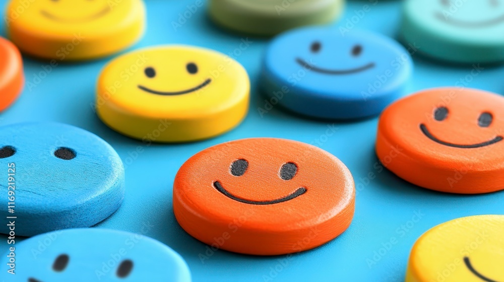 Colorful Wooden Smiley Face Tokens on Blue Background Positive Feedback Customer Satisfaction Colorful Wooden Smiley Face Tokens on Blue Background Positive Feedback Customer Satisfaction