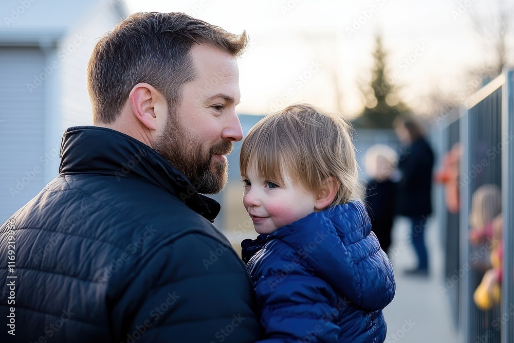A loving father holds his young child close, showcasing their strong bond and affection against a soft blurred background highlighting a family atmosphere. A loving father holds his young child close, showcasing their strong bond and affection against a soft blurred background highlighting a family atmosphere.