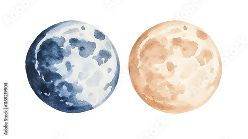 [Transparent Background PNG]Watercolor Illustration of Two Moons