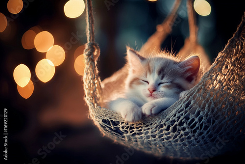 A tiny white kitten with brown patches snuggles up in the cozy hammock of the cat tree, curling up into a ball. Its eyes are closed as it drifts into a nap, surrounded by the soft fabric of the hammoc photo