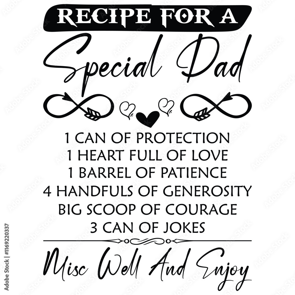 recipe For a special dad 1 can of protection 1 heart full of love 1 barrel of patience 4 handfuls of generosity big scoop of courage 3 can of jokes misc well and enjoy