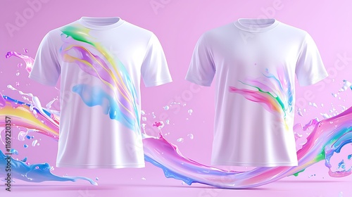 Two white t-shirts with pastel paint splashes design mockup. photo