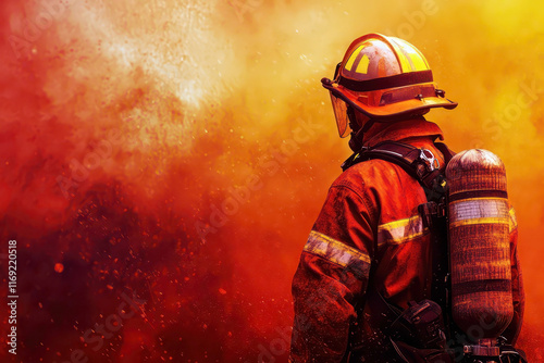 Honoring courage and bravery on international firefighters day with heroic firefighter in action. Horizontal banner. Copy space. Dangerous and risky professions, rescue service