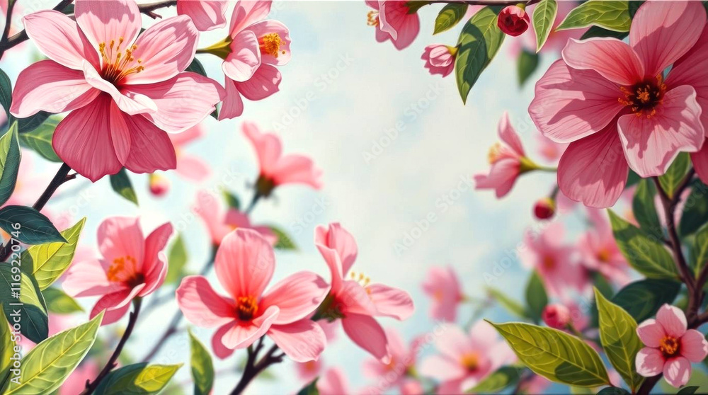 Fototapeta Vivid pink flowers with fresh green leaves framing a soft sky background
