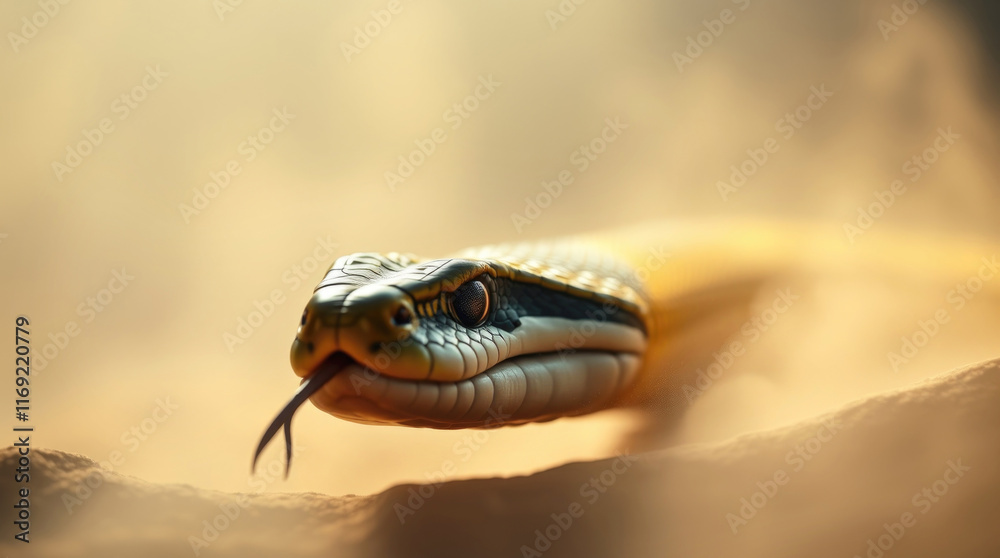 Fototapeta premium Close-up of a snake head with its tongue extended in a desert setting.