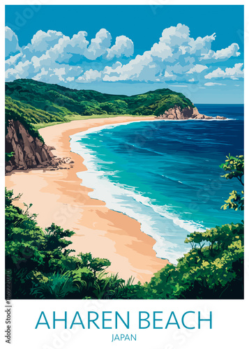 Aharen Beach Japan Poster Illustration Travel Print Decor Gift Paper Canvas Wall Retro Art photo