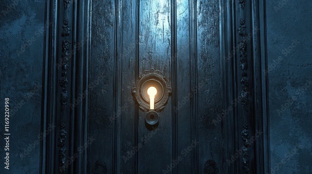 Fototapeta premium Glowing Keyhole in an Antique Dark Wooden Door
