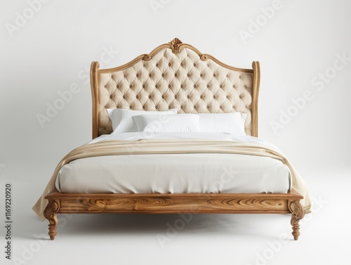 A king-sized bed with a tufted headboard in cream velvet photo