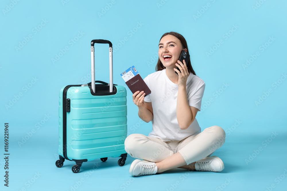Woman with ticket, passport and suitcase talking on smartphone against light blue background Woman with ticket, passport and suitcase talking on smartphone against light blue background