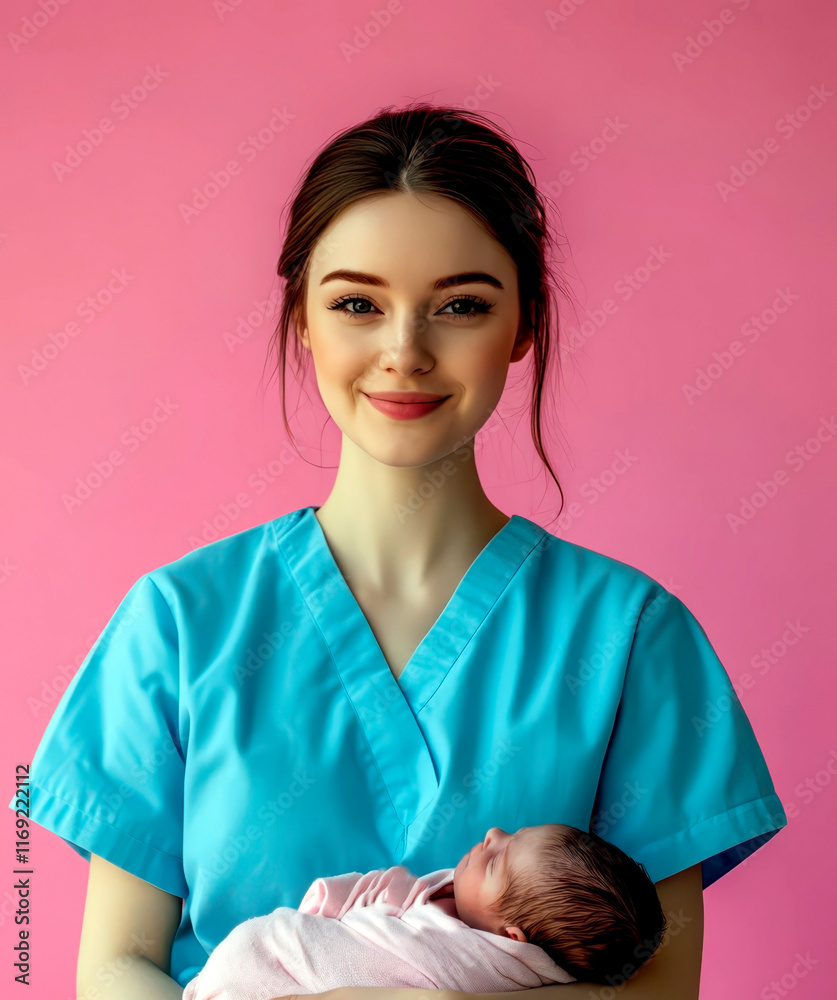 Celebration of International day of the midwife with caring nurse holding newborn baby. Smiling nurse in medical uniform on a pink background. Vertical poster Celebration of International day of the midwife with caring nurse holding newborn baby. Smiling nurse in medical uniform on a pink background. Vertical poster