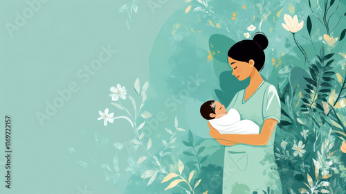 International day of the midwife with tender care and nature-inspired design. miling nurse in medical uniform on a blue background with leaves. Flat illustration. Horizontal banner. Copy space