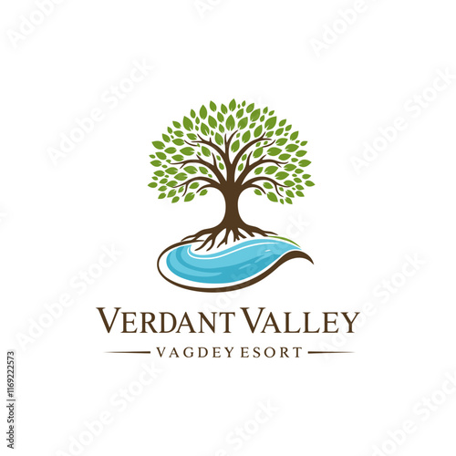A stylized logo depicts a green tree with roots in a blue stream, representing a verdant valley resort.