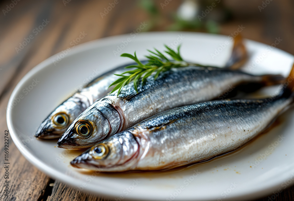 Whole raw sardines on a white plate with a sprig of green herb Whole raw sardines on a white plate with a sprig of green herb