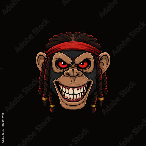 A stylized illustration of an angry chimpanzee with red eyes, dreadlocks, and a red headband.