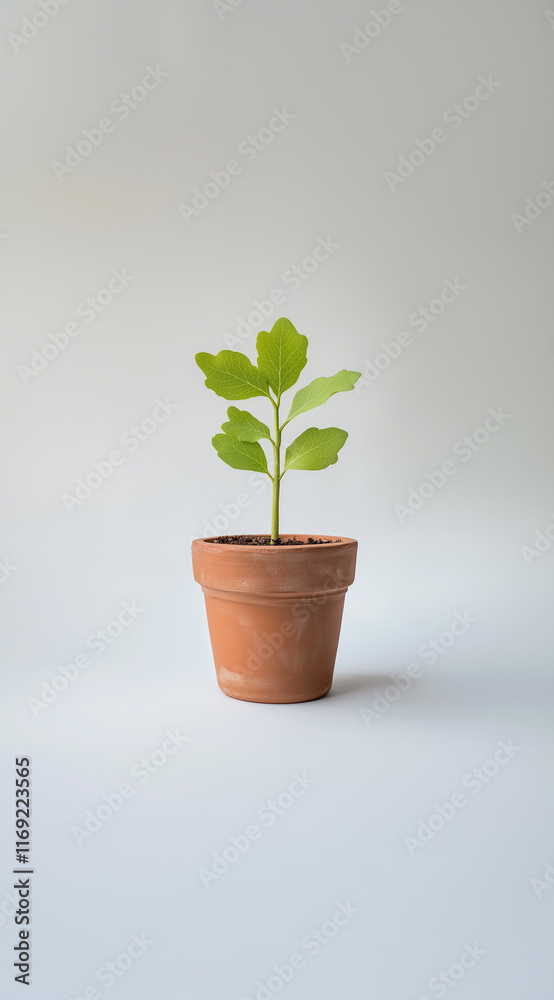 Minimalist photo of oak seedling in terracotta pot Minimalist photo of oak seedling in terracotta pot