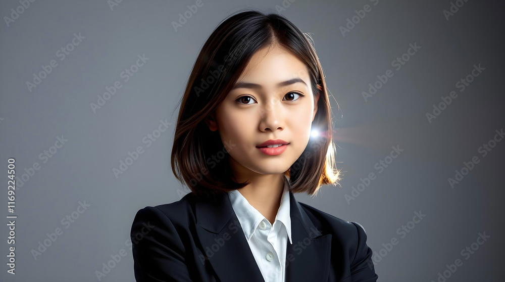 Studio portrait of a young Asian woman wearing a black blazer and white shirt. Confident Asian Businesswoman in Professional Attire Studio portrait of a young Asian woman wearing a black blazer and white shirt. Confident Asian Businesswoman in Professional Attire