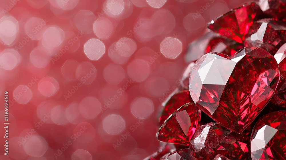 A close-up view of sparkling red gemstones, resembling hearts, set against a blurred background of shimmering red bokeh. A close-up view of sparkling red gemstones, resembling hearts, set against a blurred background of shimmering red bokeh.