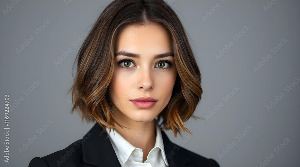 A professional headshot of a young woman with a stylish bob haircut, wearing a black blazer and white shirt. A professional headshot of a young woman with a stylish bob haircut, wearing a black blazer and white shirt.