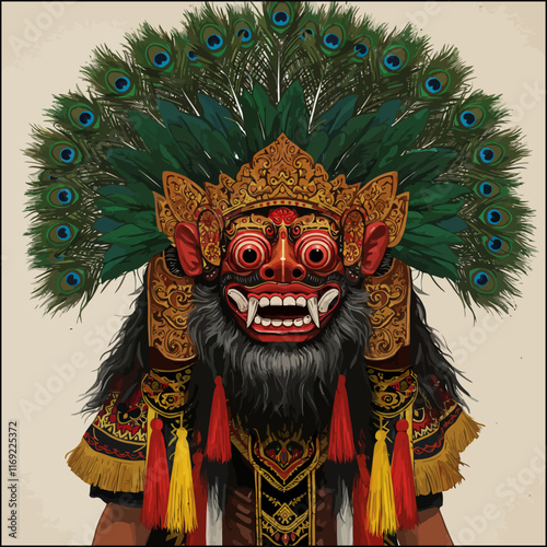 A detailed illustration of a Balinese Barong mask adorned with peacock feathers and an elaborate gold and red costume.