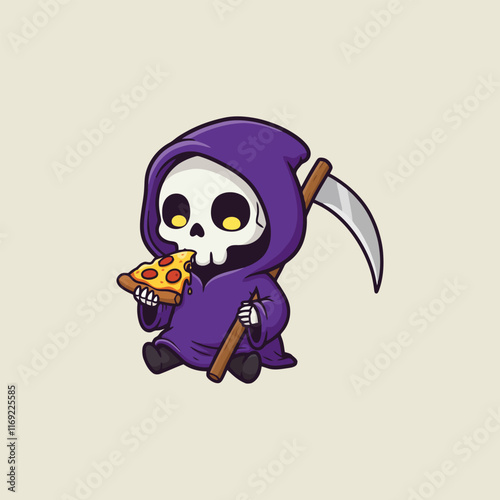 A cute cartoon Grim Reaper, wearing a purple robe, happily enjoys a pepperoni pizza slice while holding his scythe.