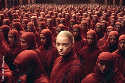 Blonde woman in a religious community standing out from the others, dressed in red uniform dystopian cult monk clothing. Non conforming concept. photo