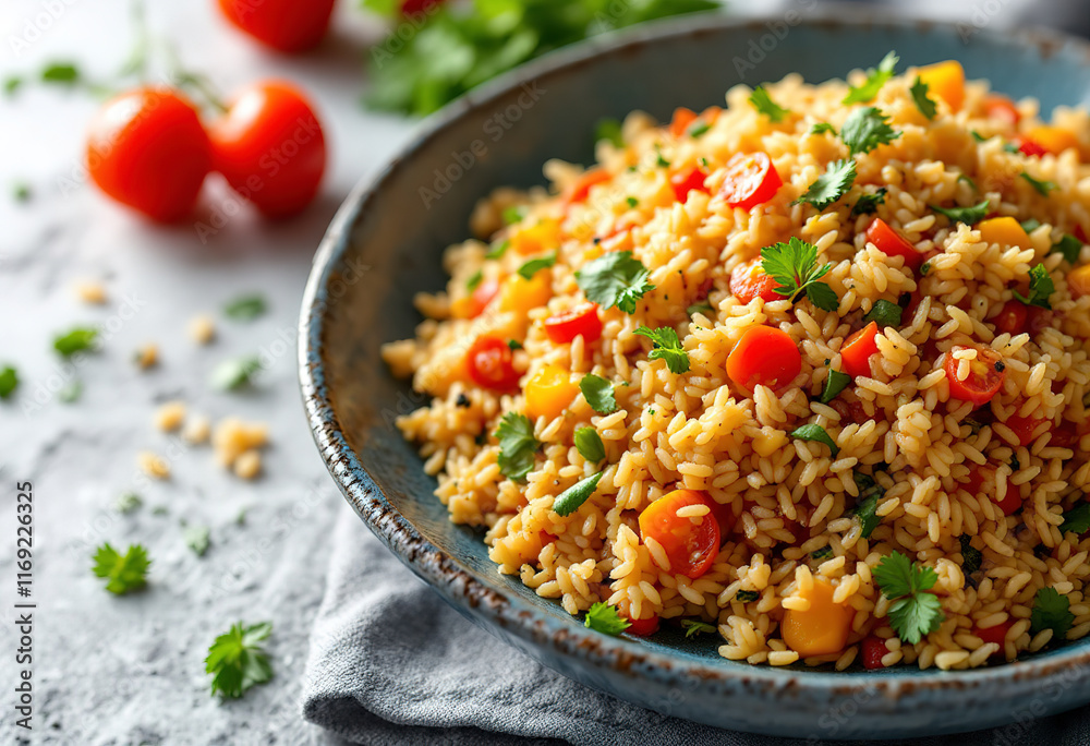 a dish containing medium grain rice mixed with colorful vegetables isolated on white background a dish containing medium grain rice mixed with colorful vegetables isolated on white background