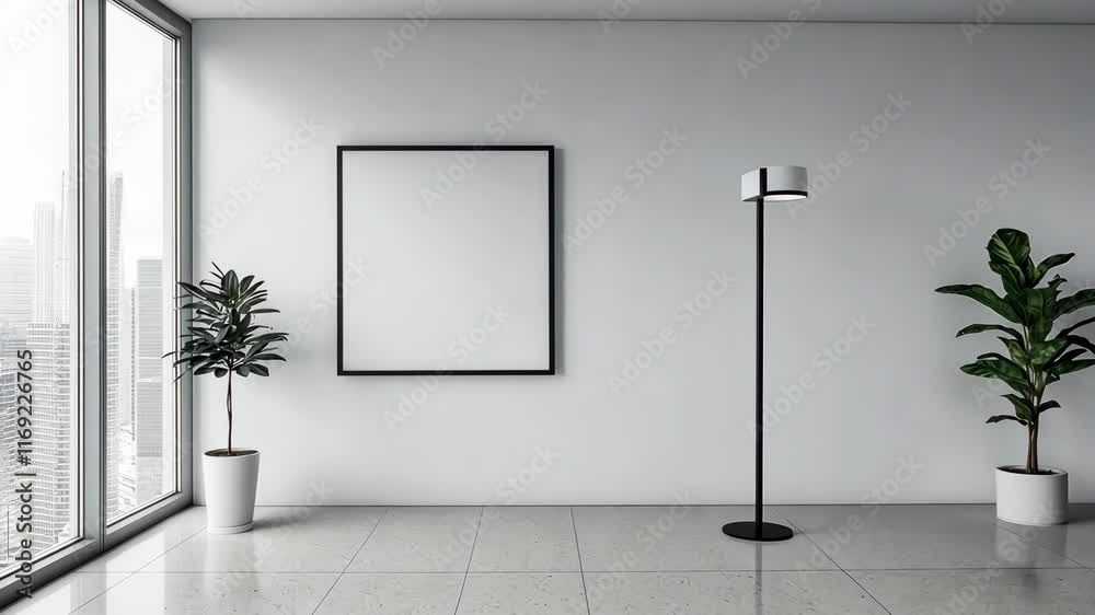 Modern interior with minimalistic decor featuring plants and large windows in a high-rise building