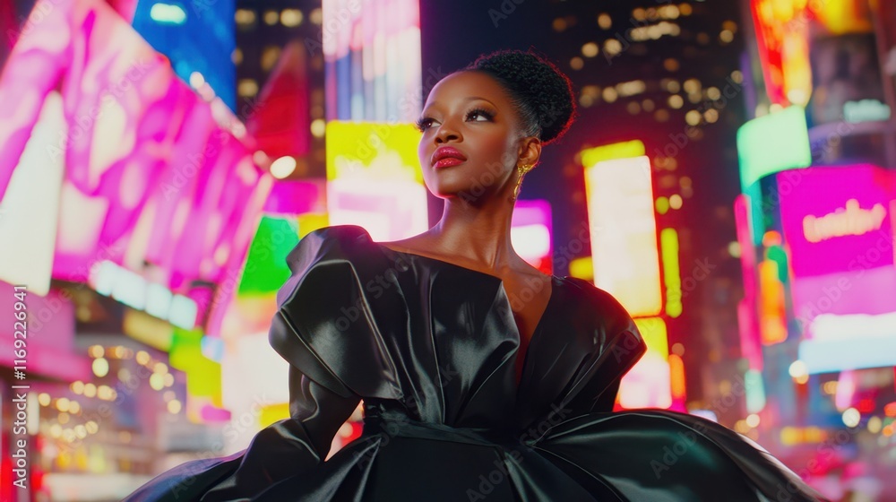 Obraz premium NYC Night Glamour: Black woman model in Times Square, wearing a dramatic black avant-garde gown, radiates confidence and elegance against the vibrant backdrop of dazzling neon lights.