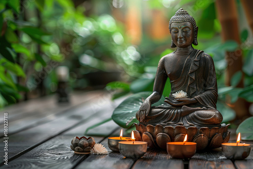 Greeting card with ancient statue great Buddha on bright holiday composition, abstract vivid composition consists of fictional unreal fantastic vision on background
