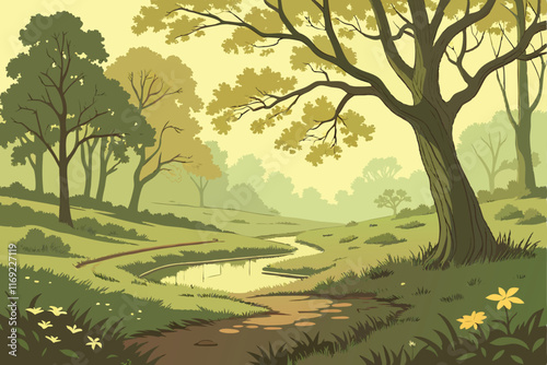 A lush forest glade bathed in soft sunlight, a small pond at its center reflecting the trees, and the air filled with the scent of fresh earth