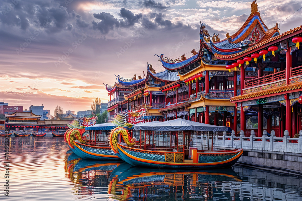 Obraz premium Beautiful holiday composition for happy celebrate chinese dragon boat festival, abstract vivid composition consists of fictional unreal fantastic vision on background