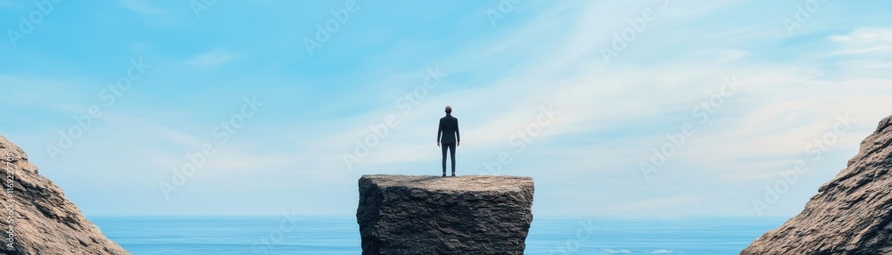 A lone figure stands atop a rock formation, gazing at the expansive ocean under a clear blue sky, evoking a sense of solitude and contemplation. A lone figure stands atop a rock formation, gazing at the expansive ocean under a clear blue sky, evoking a sense of solitude and contemplation.