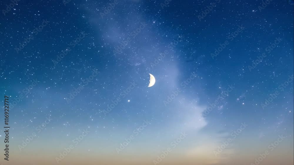 Night Sky with Stars and Moon, Astrophotography of Celestial Bodies, Tranquil Landscape Under a Beautiful Starry Sky with a Distant Planet
