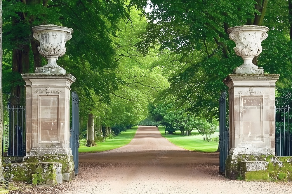 Stone entrance to the park, long grassy driveway with trees. Chateau backdrop. Stone entrance to the park, long grassy driveway with trees. Chateau backdrop.