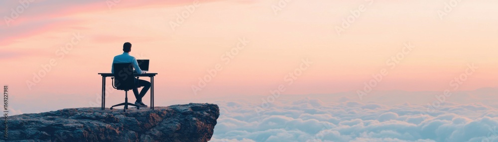 Obraz premium A person sits at a desk on a cliff, gazing at a colorful sky above a sea of clouds, symbolizing solitude and inspiration.