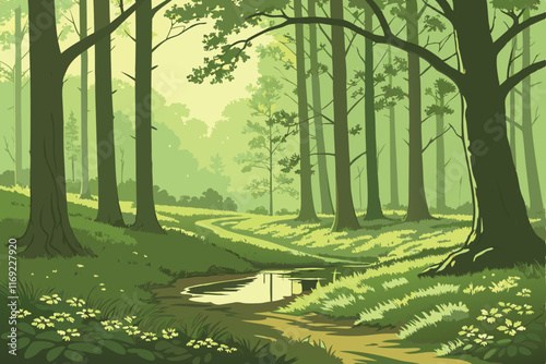 A lush forest glade bathed in soft sunlight, a small pond at its center reflecting the trees, and the air filled with the scent of fresh earth