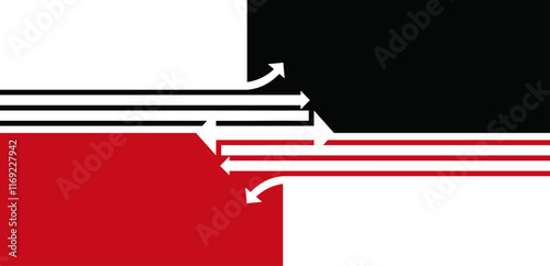 Vector illustration of dynamic intersections with opposing directional arrows converging, featuring a color block abstract design in red, black, and white.