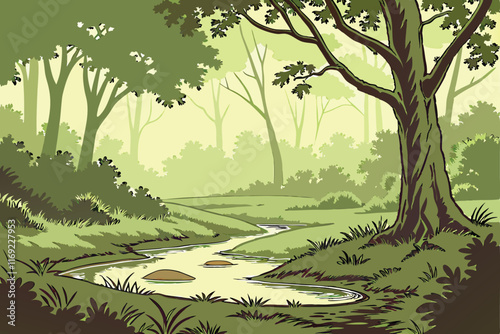 A lush forest glade bathed in soft sunlight, a small pond at its center reflecting the trees, and the air filled with the scent of fresh earth