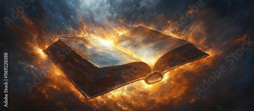 Glowing ancient book floats in fiery cosmic clouds.