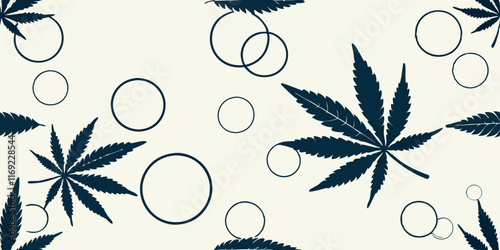 Cannabis Leaves in a repeating pattern, next to circles of different sizes, on a light background. The design creates a contrast between the organic shapes of the leaves and the geometric circles. AI