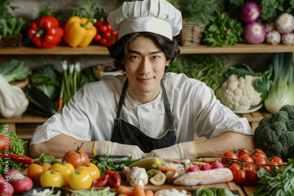 A chef is posing in front of a table full of vegetables A chef is posing in front of a table full of vegetables