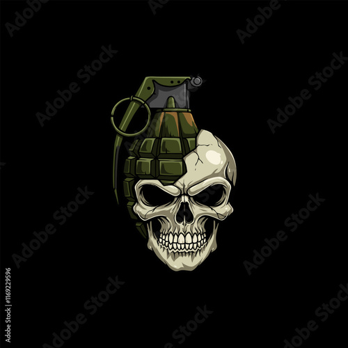 A stylized illustration depicting a skull with a grenade embedded in its head symbolizing death and war.