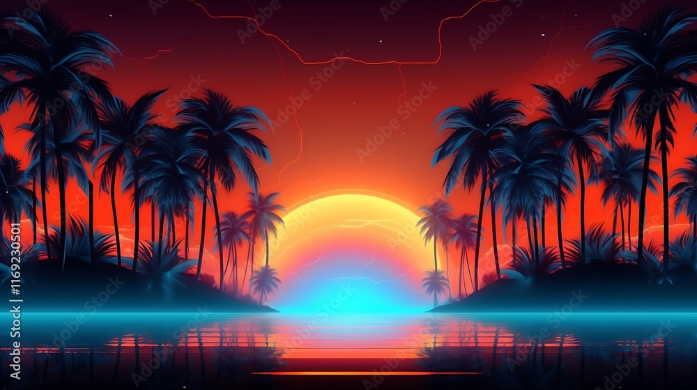 Naklejka premium Vivid Sunset Over Tropical Palm Trees Reflecting in Calm Water