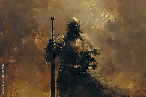 Fantastic beautiful royal knight in iron armor guards castle chambers, abstract vivid composition consists of fictional unreal fantastic vision on background