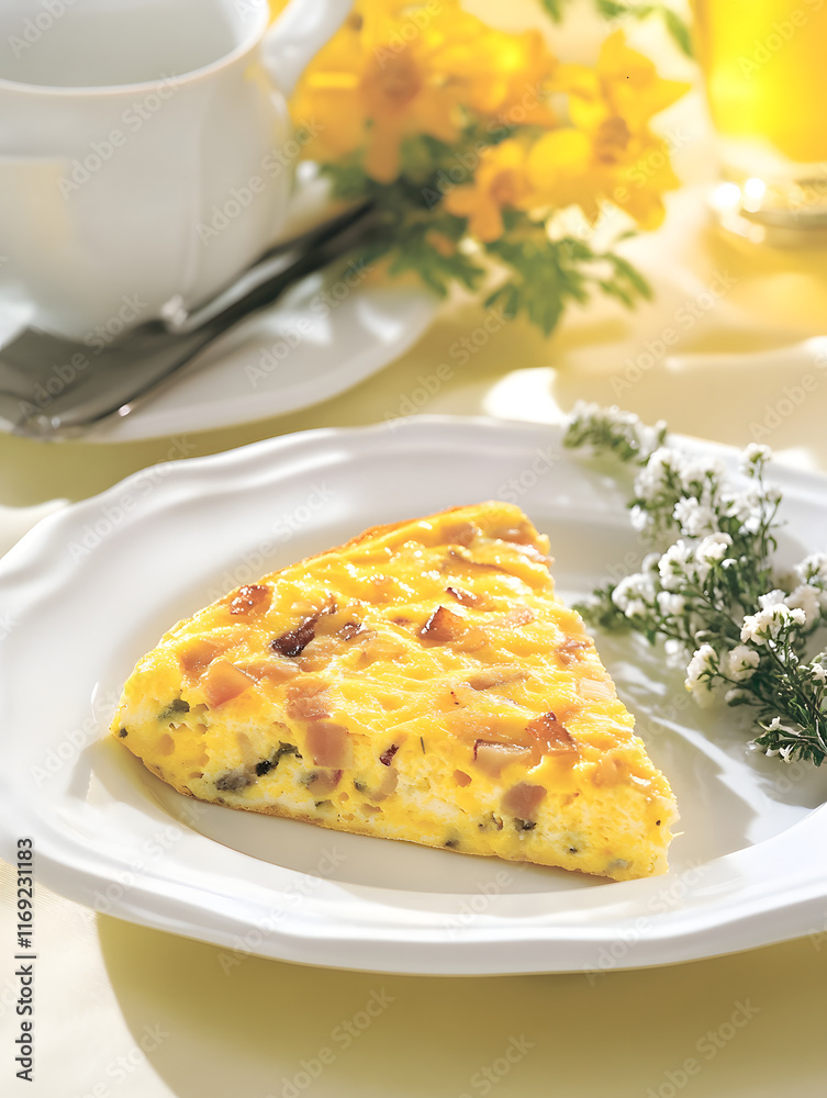 delicious slice of frittata with ham and cheese, garnished with herbs, served on white plate. bright flowers and soft lighting create warm, inviting atmosphere delicious slice of frittata with ham and cheese, garnished with herbs, served on white plate. bright flowers and soft lighting create warm, inviting atmosphere