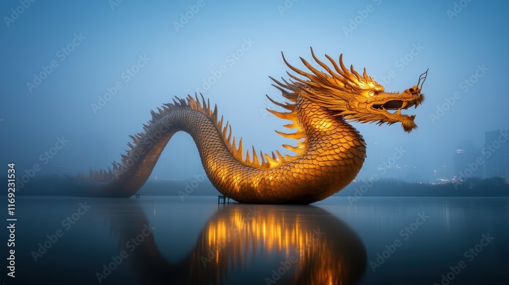 Fototapeta premium Majestic dragon sculpture urban waterfront digital art foggy environment low angle fantasy concept