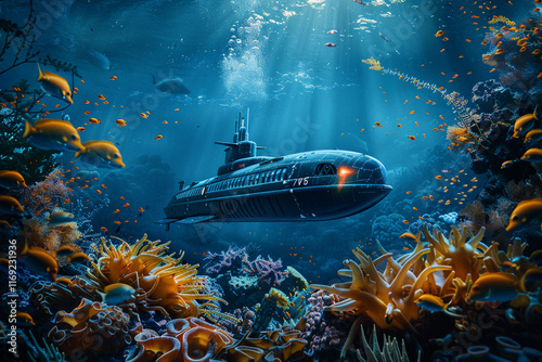 Beautiful large bathyscaphe floating in middle of deep ocean during exploration, abstract vivid composition consists of fictional unreal fantastic vision on background photo