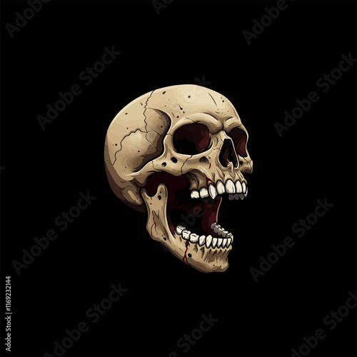 A detailed illustration of a human skull with blood, open mouth, and teeth against a black background.