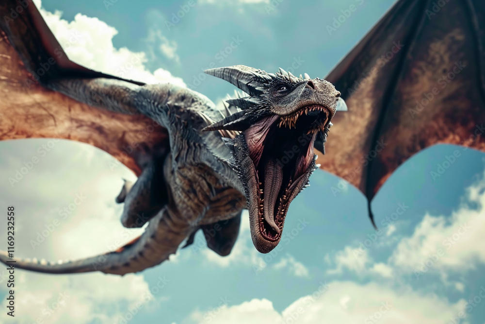 Obraz premium Fantastically beautiful mythological dragon with big wide wings, abstract vivid composition consists of fictional unreal fantastic vision on background