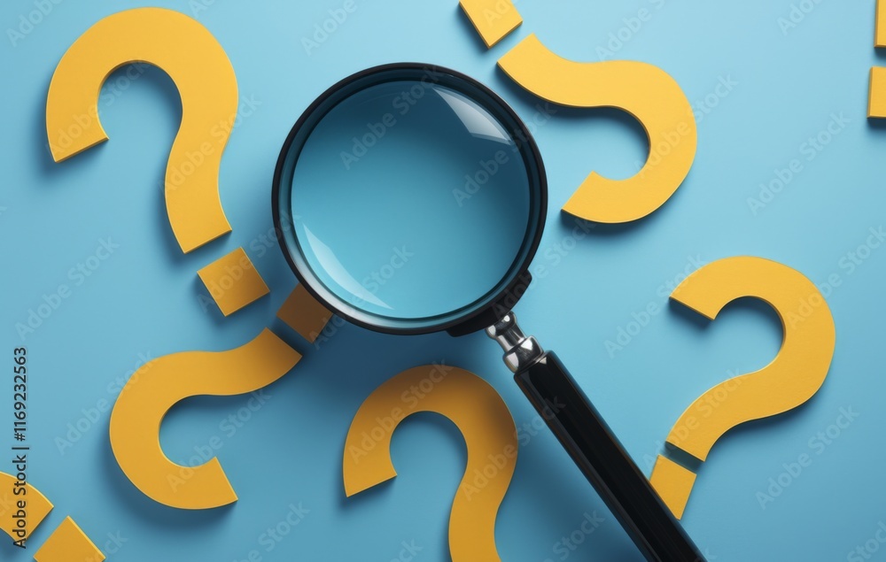 Magnifying glass hovering over question marks on a blue background, symbolizing the search for answers Magnifying glass hovering over question marks on a blue background, symbolizing the search for answers
